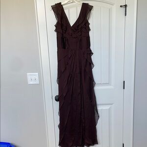 Adrianna Papell Brown Asymmetrical Ruffled Maxi Gown